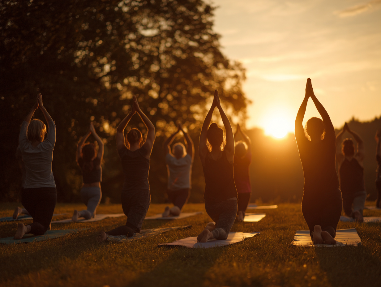 Головна зала для йоги з великими вікнами, природним освітленням та мінімалістичним дизайном